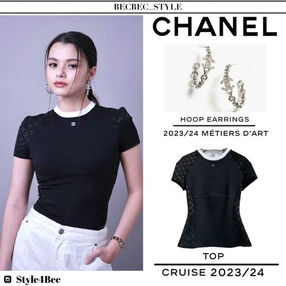 Chanel 24C Black White Crystal CC Logo Neoprene Stretch Jersey Top T Shirt 38 - Picture 5 of 16